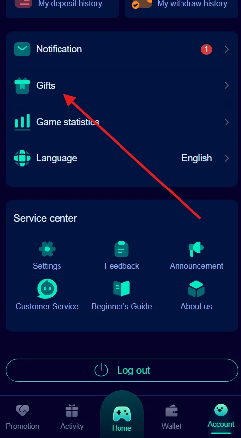 Tap on the gift code option